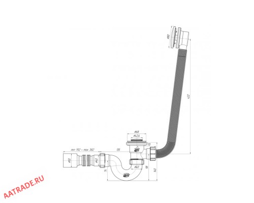 Сифон АНИ EC155BL для ванны прямоточный черный с выпуском 1 1/2"*40 с переливом, клик-клак, с гибкой трубой 375*40/50