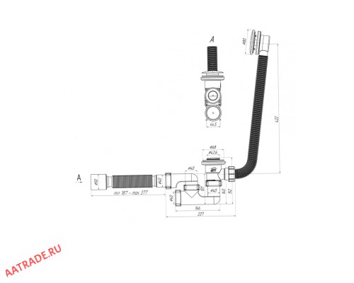 Сифон АНИ EC255BL для ванны регулируемый черный с выпуском 1 1/2"*40 с переливом, клик-клак, с гибкой трубой 375*40/50